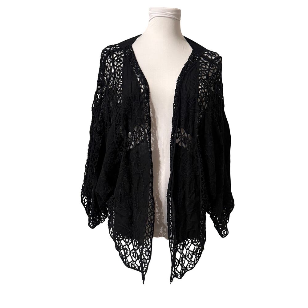 Vince Camuto Black Embroidered Crochet Lace Open Front Kimono Cardigan One Size